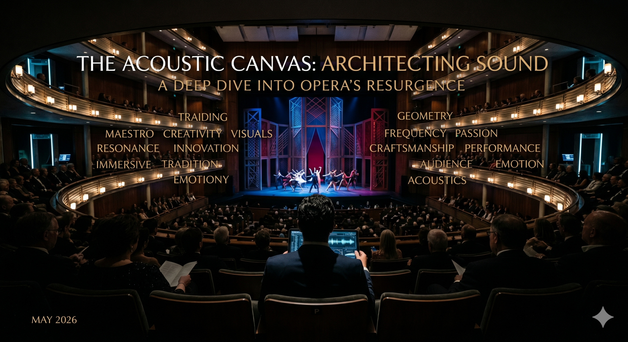 Join Adnan Menderes Obuz at Toronto’s Four Seasons Centre for an expert analysis of Johannes Debus conducting Werther, exploring the intersection of art and security. "THE ACOUSTIC CANVAS: ARCHITECTING SOUND" is layered over the top ... while keywords like "Resonance" ... "Maestro" ... and "Innovation" float in the air like data points. In the foreground ... Adnan Obuz is seen from behind ... holding a tablet that displays glowing audio waveforms ... tracking the "breathing animal" of the orchestra. The stage is vibrant ... filled with dancers in motion ... while the bottom left corner marks the date ... May 7, 2026. This is the new ritual.